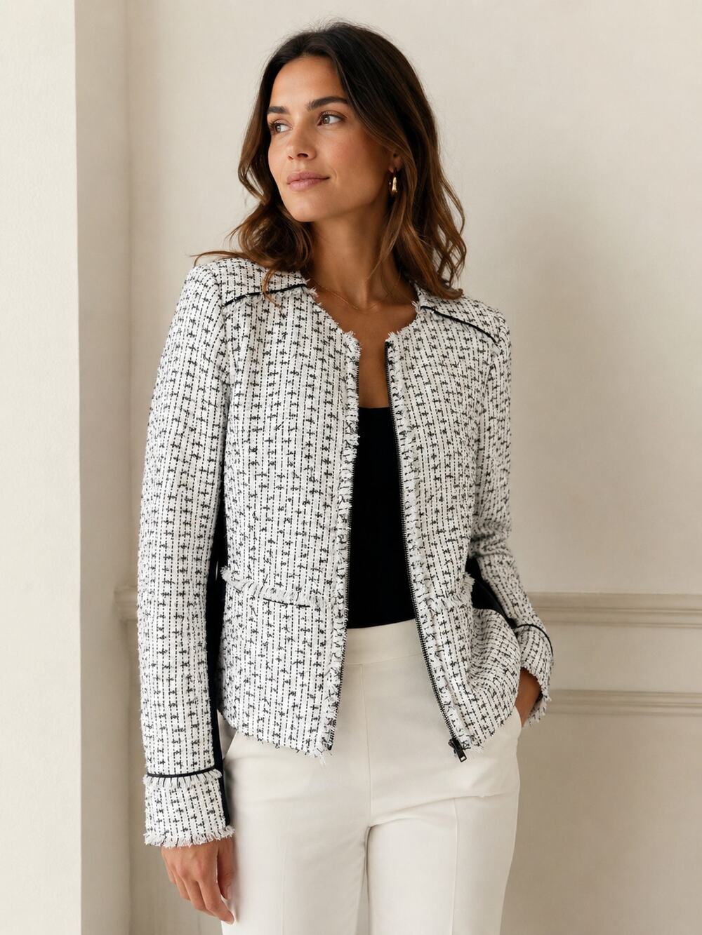 Karl Lagerfeld Paris White Black Tweed Zip Front Jacket Size 10 Chic‎ Casual